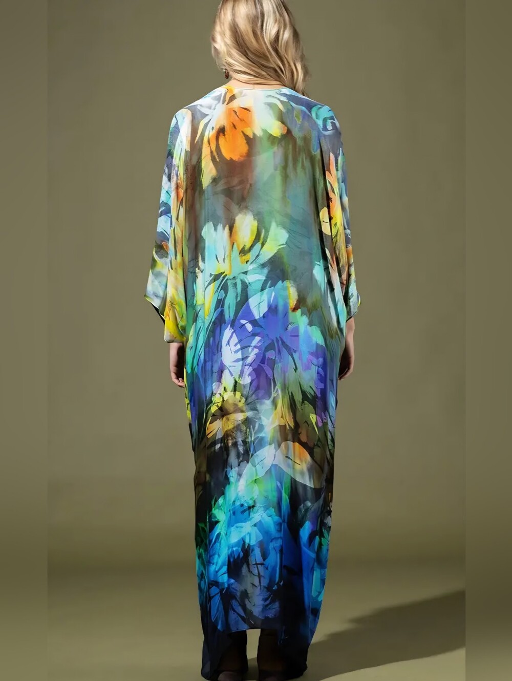 1140 Abstract Floral Maxi Kimono Dress - Blue & Green - Picture 4 of 4